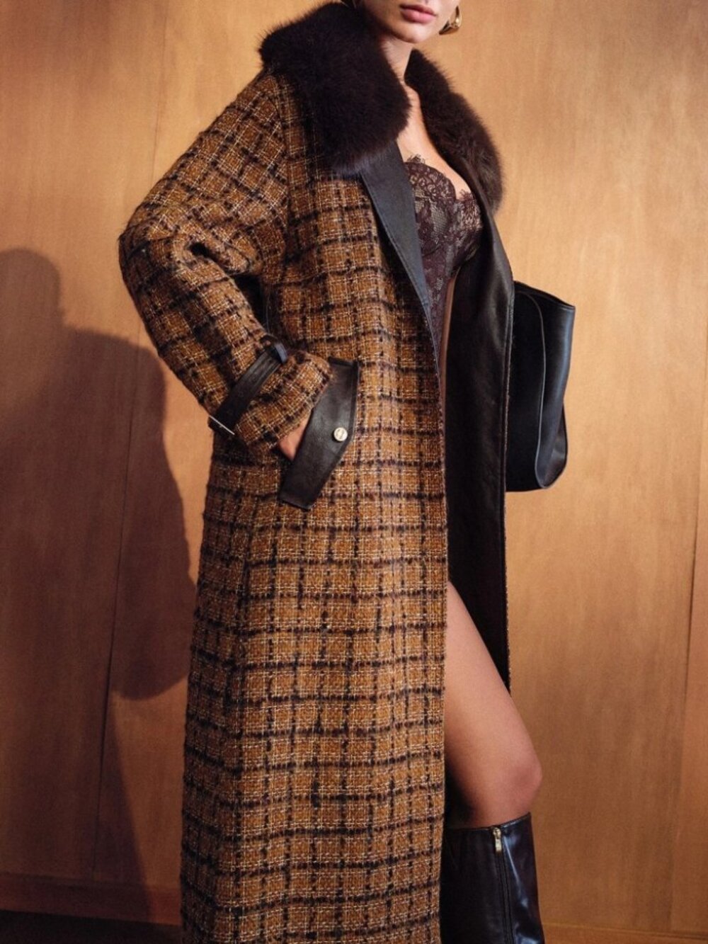 Brown Plaid Tweed Faux Fur Collar Vegan Leather Trim Belted Midi Coat - Picture 3 of 6